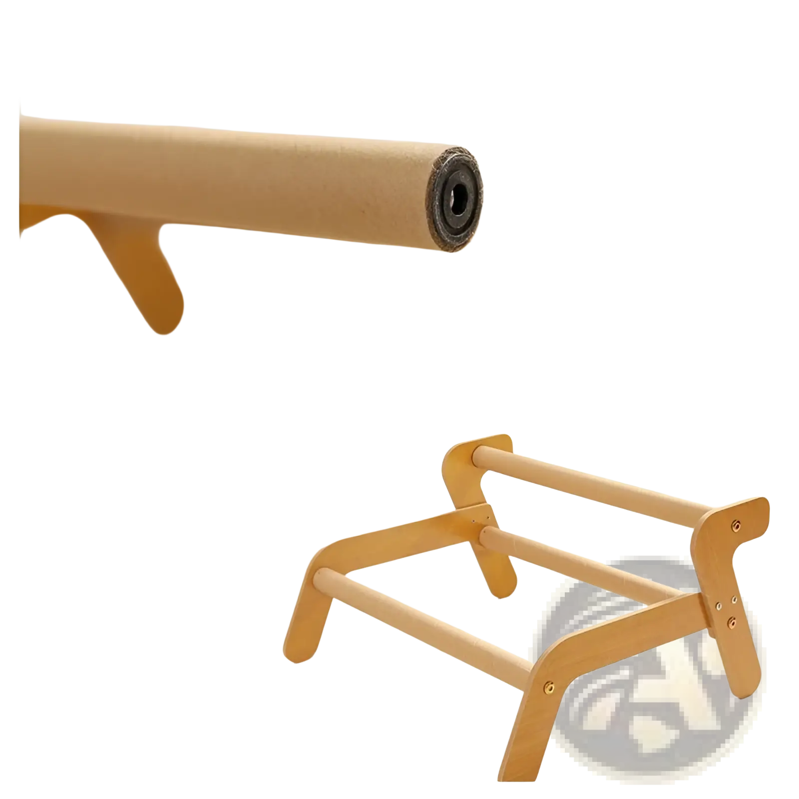 Light-colored wooden toddler balance beam with thick rounded pipes and sturdy timber frame for cat scratch board rattan recliner bed nest