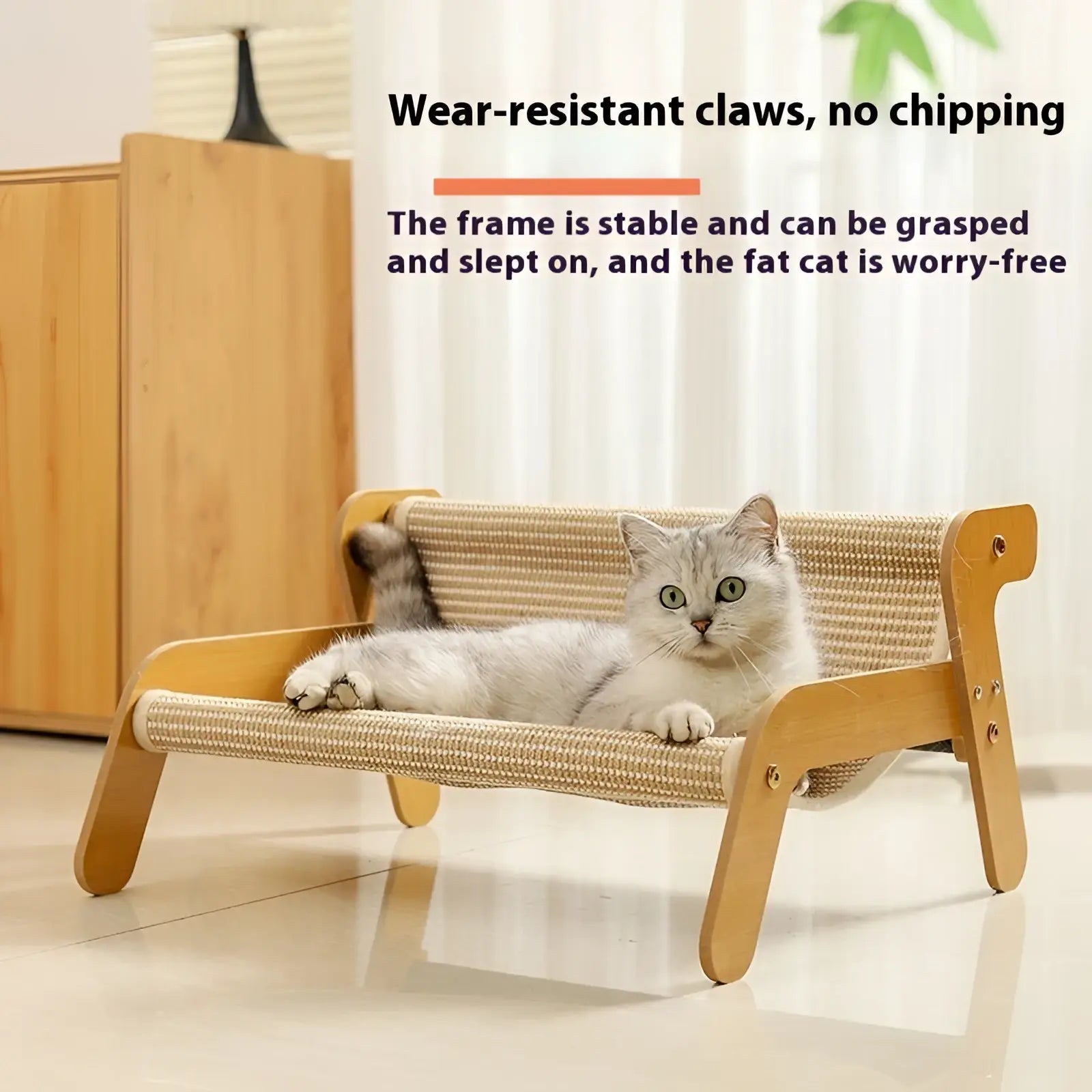 A light wood-framed cat scratch board rattan recliner bed with a woven beige sisal mat surface