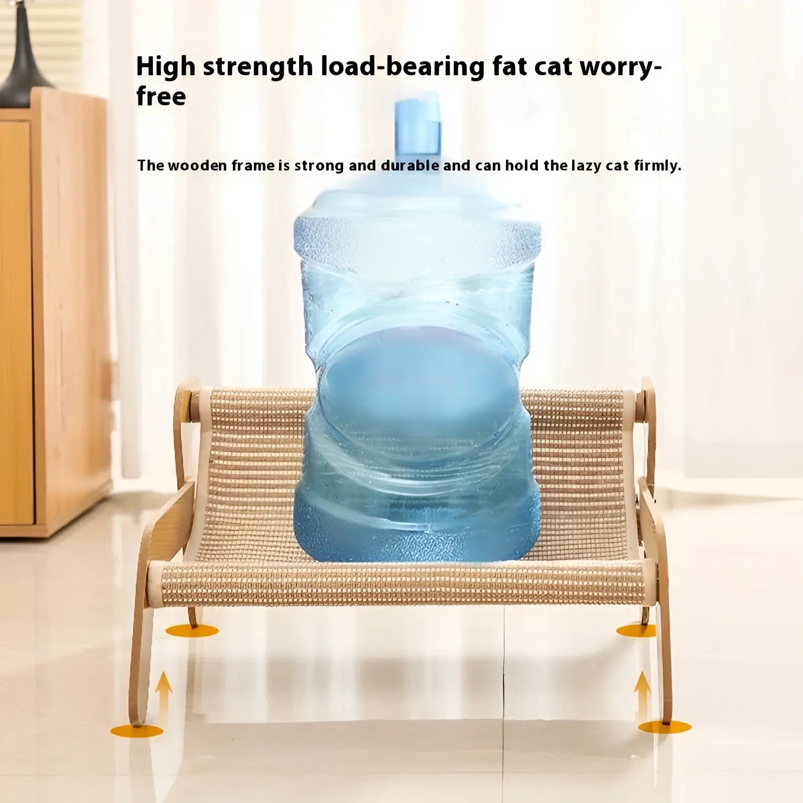 A transparent blue plastic water jug with light blue cap placed on a woven wicker rattan cat scratch board recliner bed nest