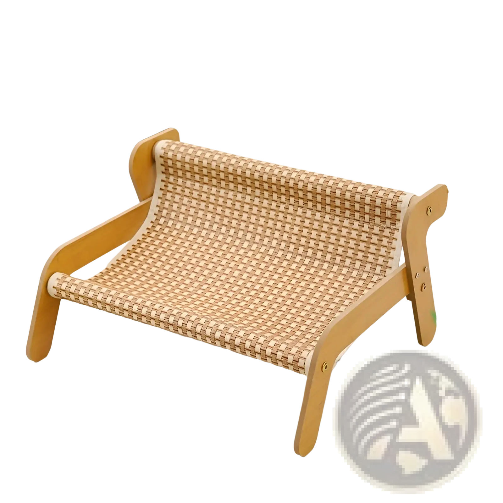 Beige woven rattan cat scratch board recliner bed nest with light wood frame for pet comfort and relaxation