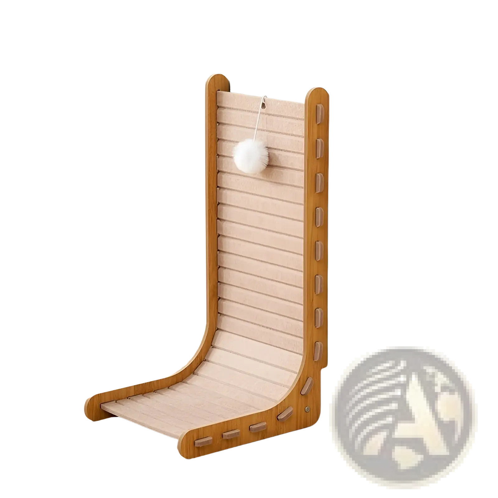 A tall wooden cat scratch board vertical sisal felt wall scraper with camel colored textured surface and rounded edges