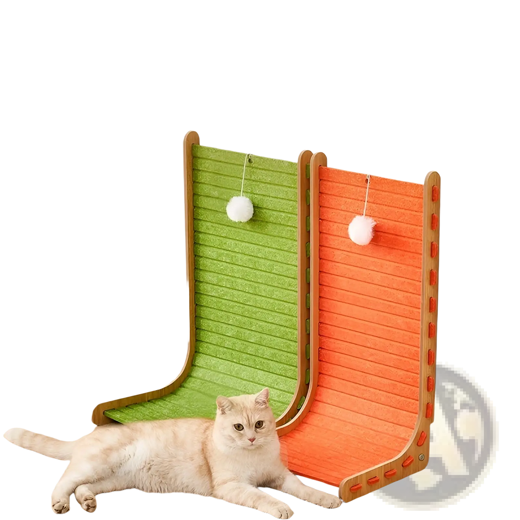 Green and orange felt cat scratching posts with wooden frames featuring vertical sisal felt for wall use