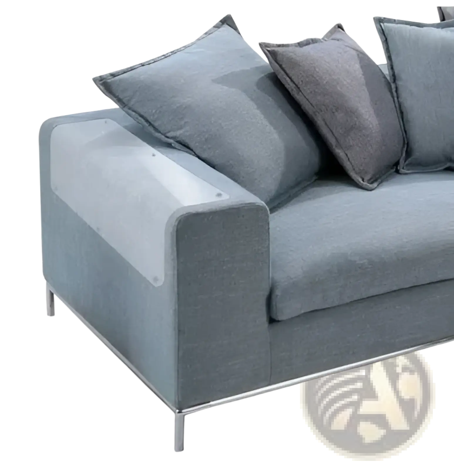 Modern gray fabric sofa with sleek metal legs and matching throw pillows protected by cat scratch guard 30x45cm 2 pack
