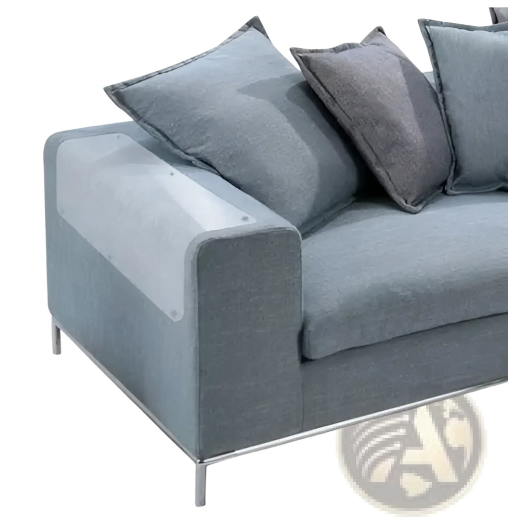 Modern gray fabric sofa with sleek metal legs and matching pillows shown with cat scratch protector furniture guard 30x45cm 2 pack
