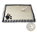 Black and white striped cat scratcher mat with textured beige surface and black paw print for indoor cat grinding pad