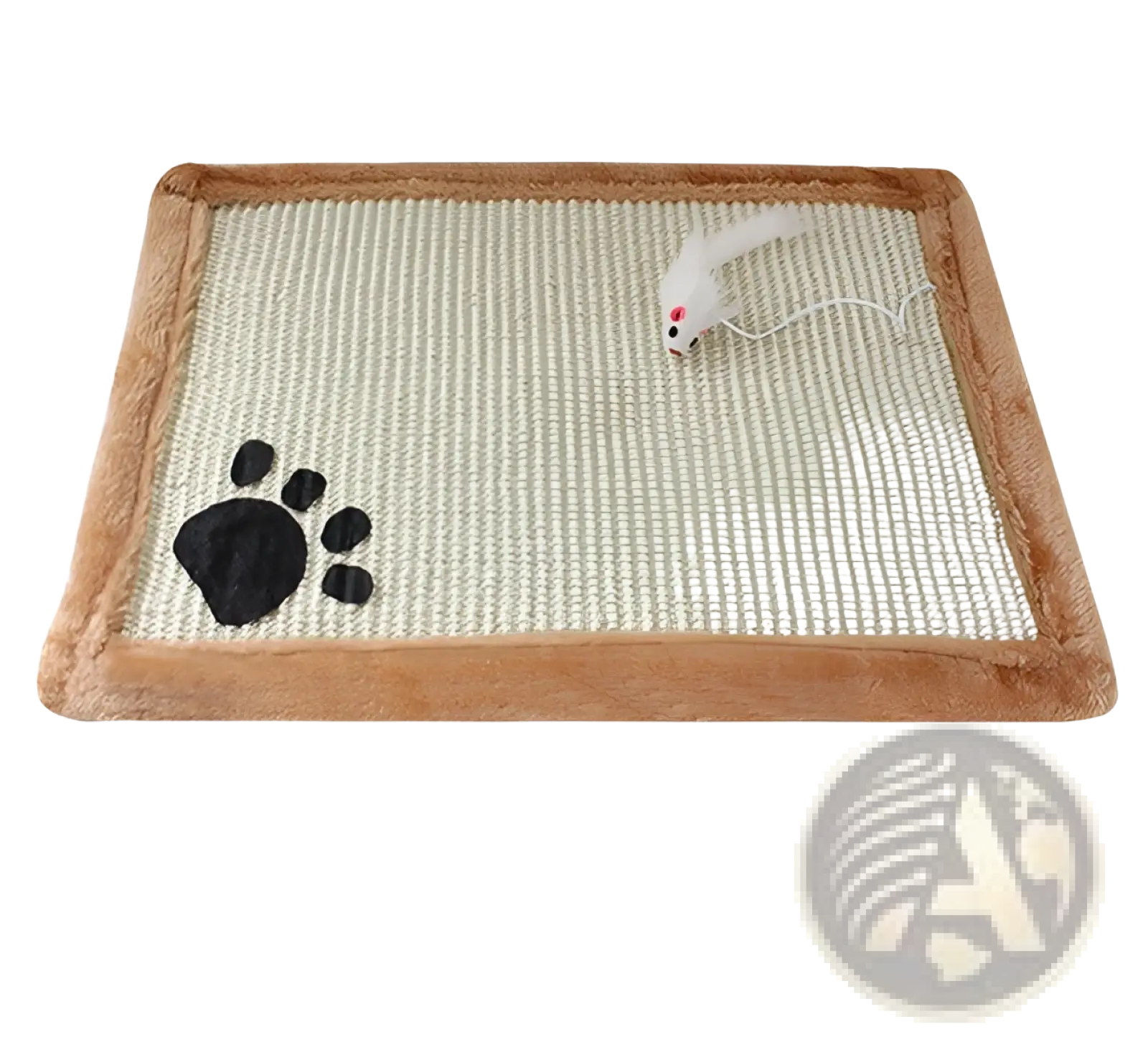 Rectangular cat scratcher mat with beige textured surface brown plush border and black paw print design for indoor cats