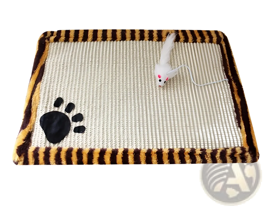 Cat scratcher mat with tiger-striped textured beige surface and black paw print for indoor cat grinding pad use