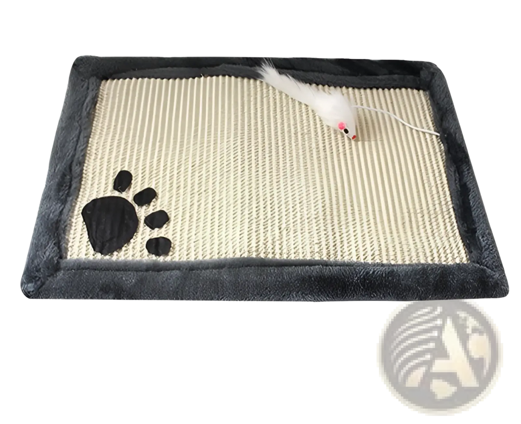 Rectangular cat scratcher mat with beige textured surface, dark gray plush frame, and black paw print design for indoor cats