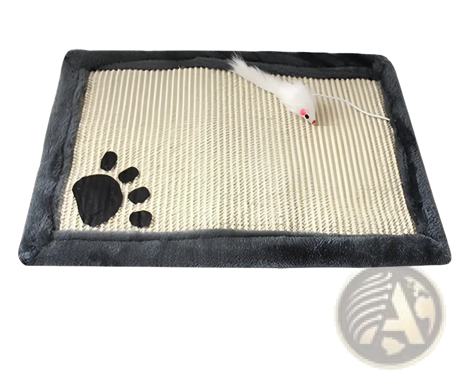 Rectangular cat scratcher mat with beige textured surface, dark gray plush frame, and black paw print design for indoor cats