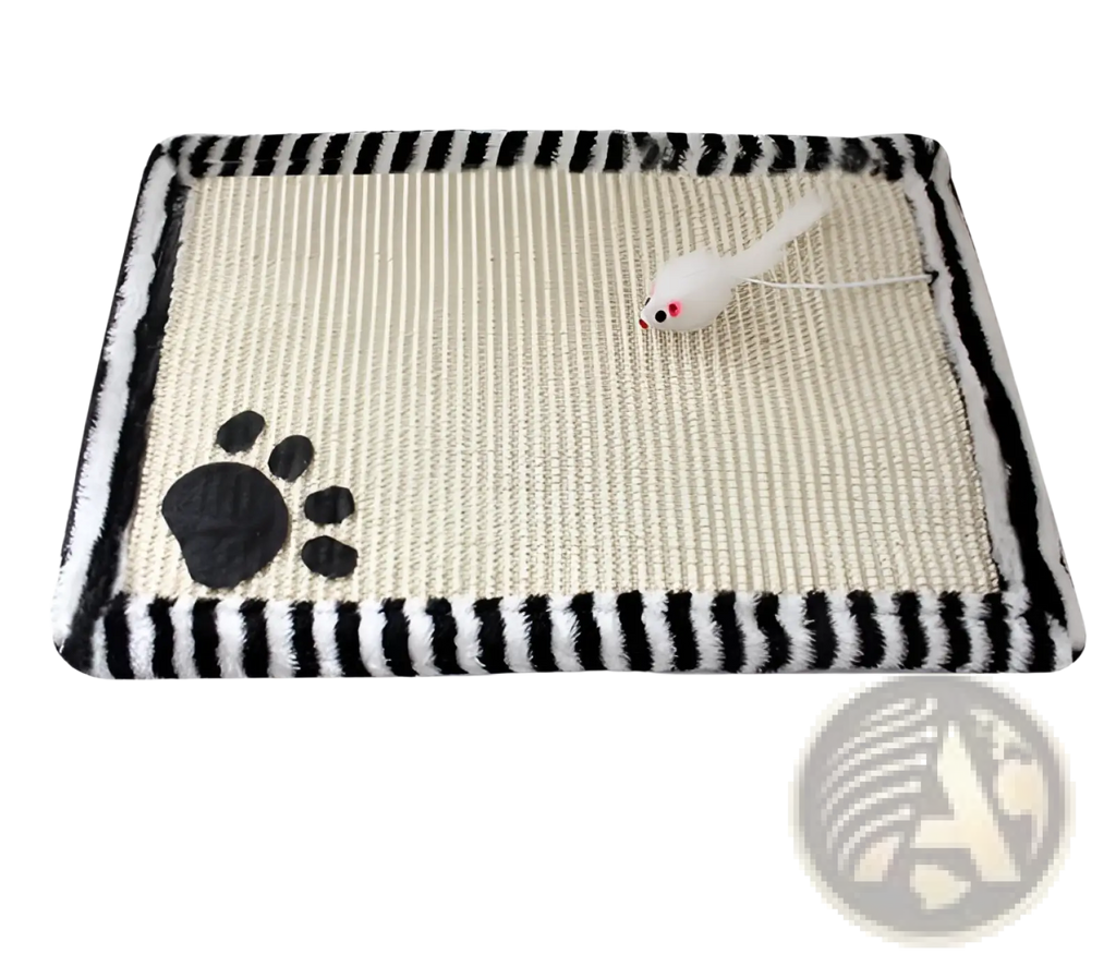 Black and white striped cat scratcher mat with textured beige surface and black paw print for indoor cats grinding pad