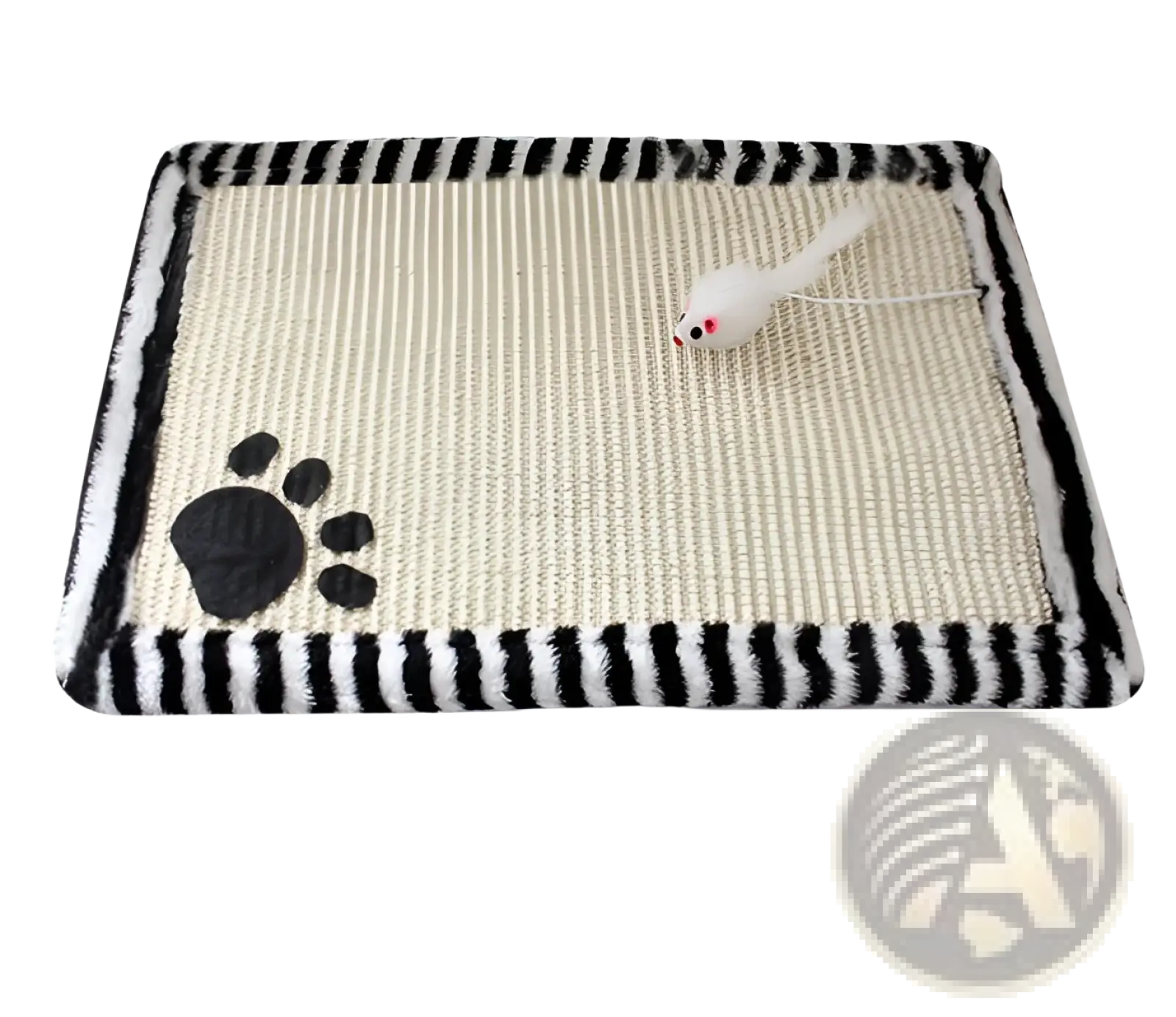 Black and white striped cat scratcher mat with textured beige surface and black paw print for indoor cats grinding pad