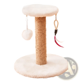 White plush cat scratcher sisal vertical durable toy post with natural fiber-wrapped column and dangling toys