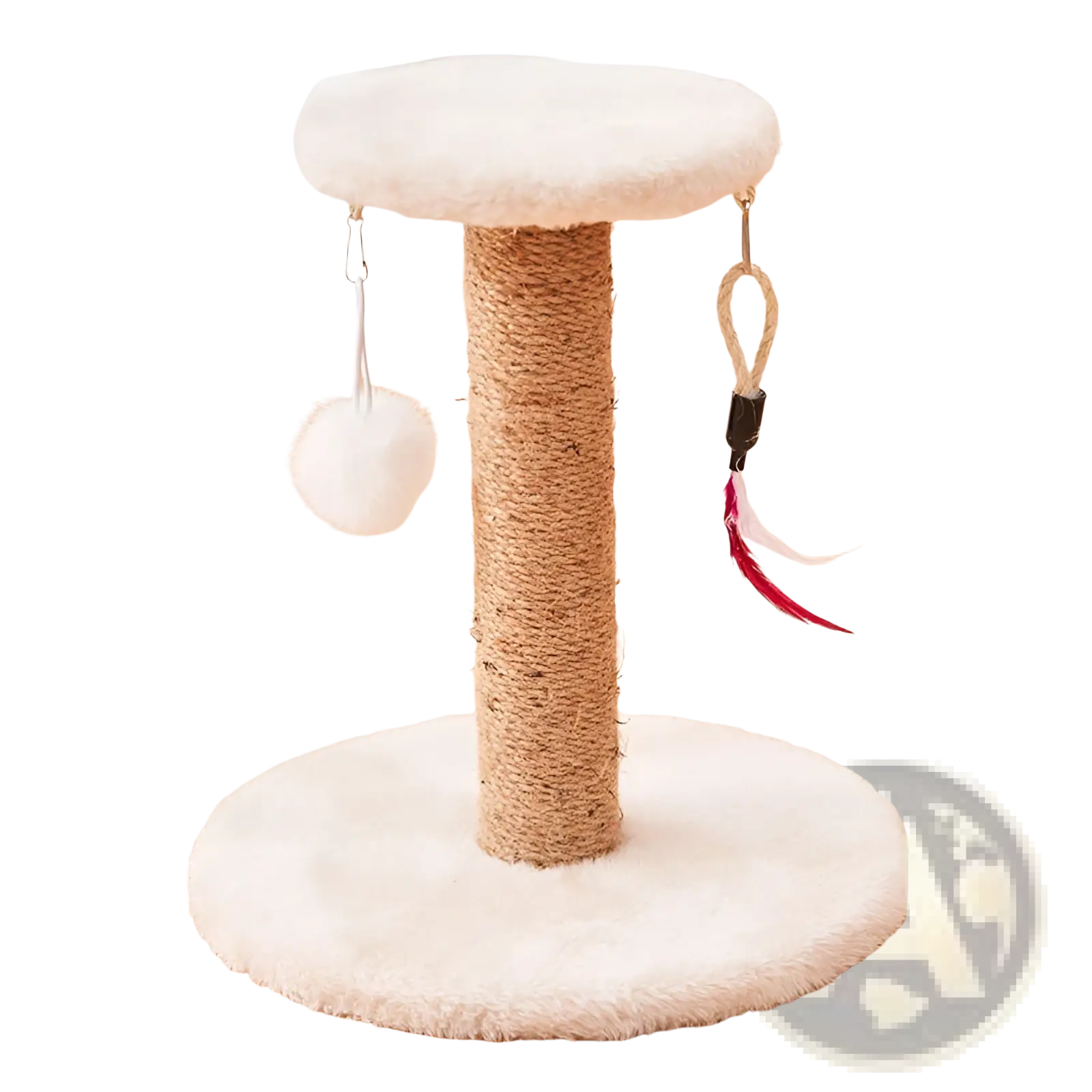 White plush cat scratcher sisal vertical durable toy post with natural fiber-wrapped column and dangling toys
