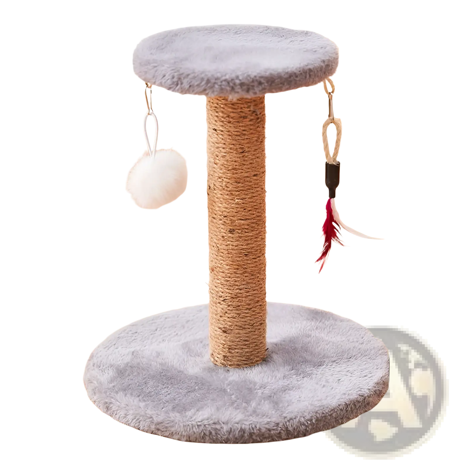 Gray plush cat scratcher sisal vertical durable toy post with textured rope column and dangling toys for cats