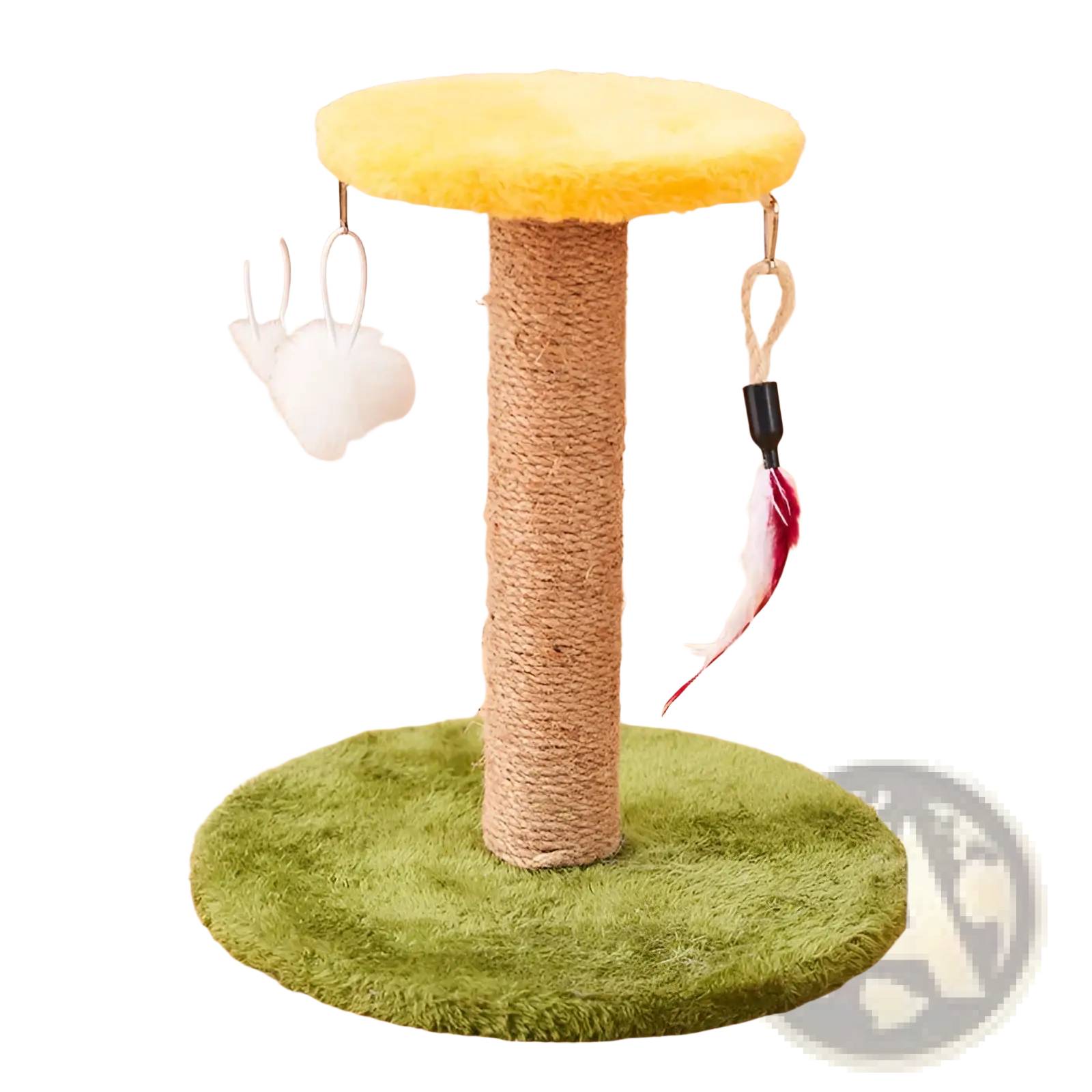 Yellow and green cat scratcher sisal vertical durable toy post with a textured rope wrapped central column