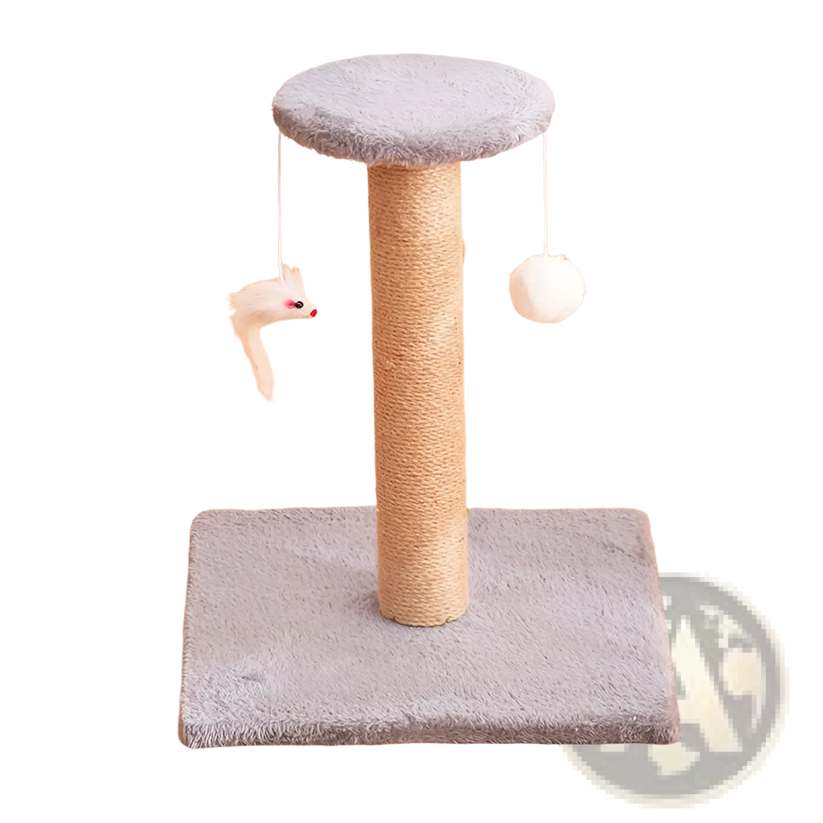Gray plush cat scratcher sisal vertical durable toy post with textured sisal-wrapped column and soft fuzzy top and base