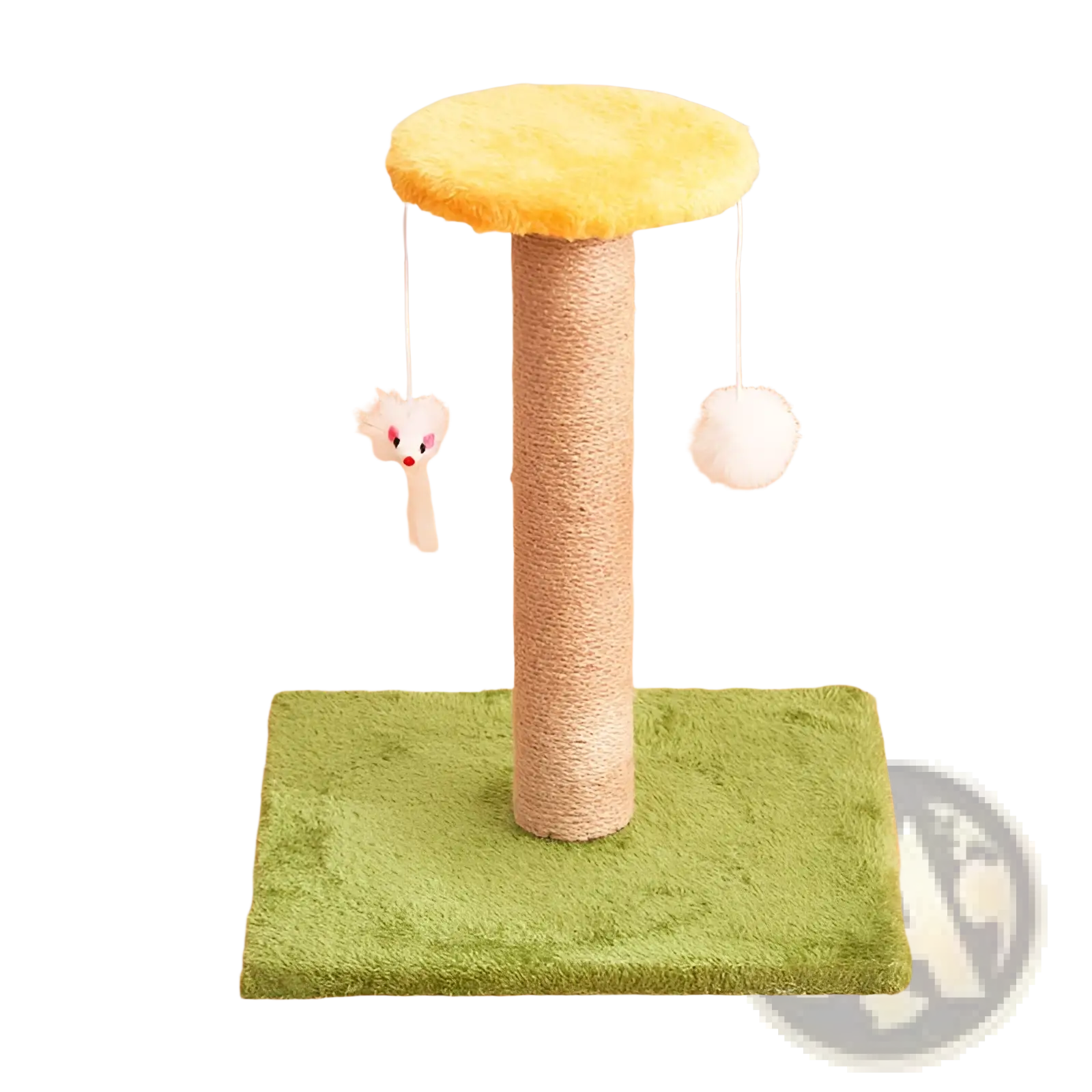 Yellow plush cat tree with textured sisal scratching post and green carpeted base for vertical cat scratching