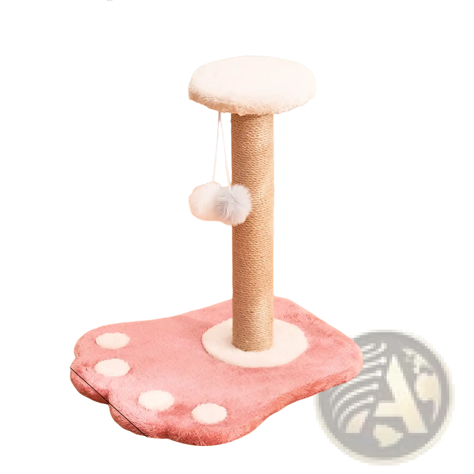 Pink paw-shaped cat scratcher with beige sisal pole white plush accents and dangling pom-poms durable vertical toy post