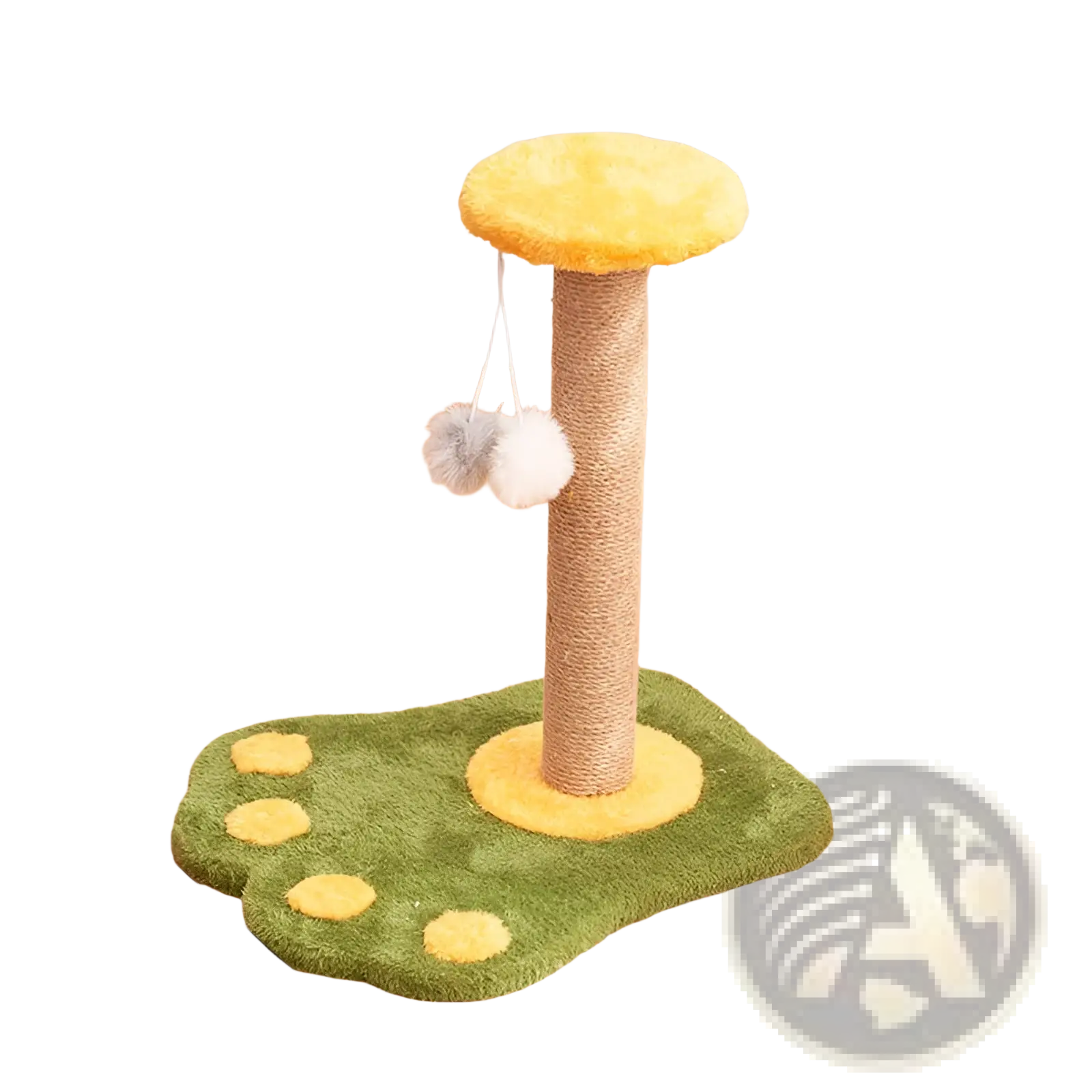 Yellow and green cat scratcher sisal vertical durable toy post with fluffy top and paw-print design on the base