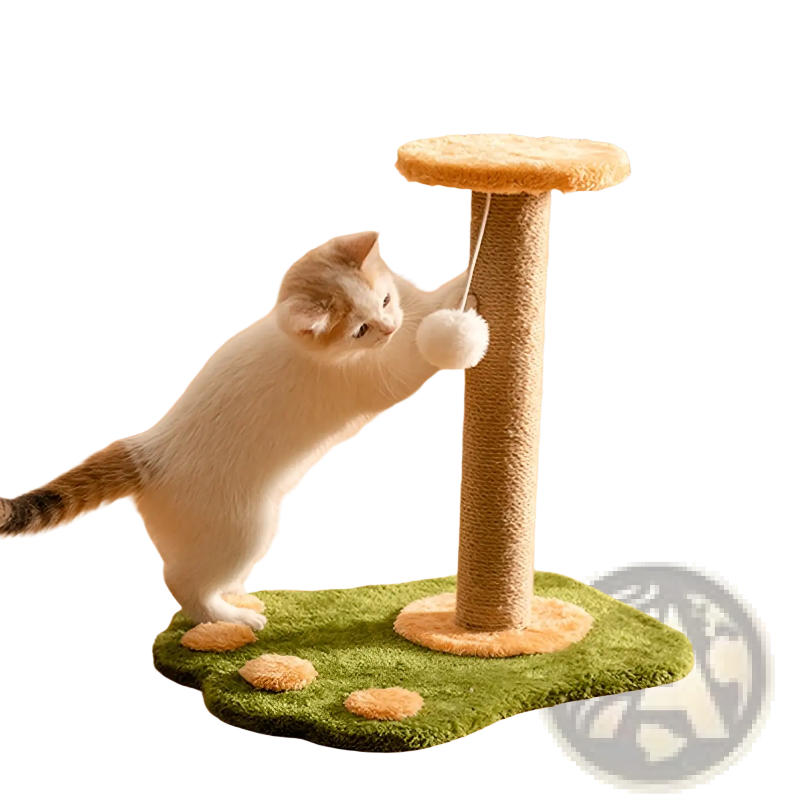 Beige carpeted cat scratcher sisal vertical durable toy post with plush green base and attached white pom pom toy