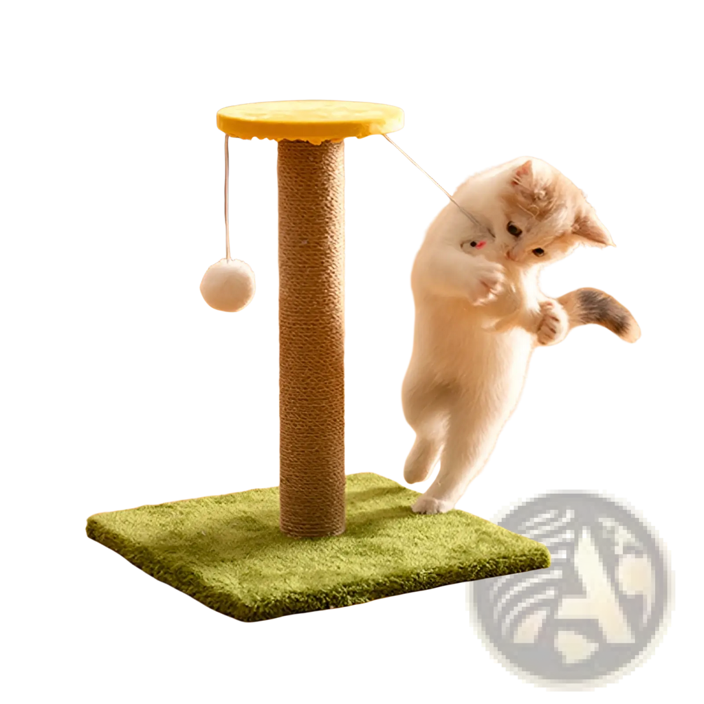 Yellow-topped cat scratcher sisal vertical durable toy post with textured brown pole green plush base and white pom-pom toy
