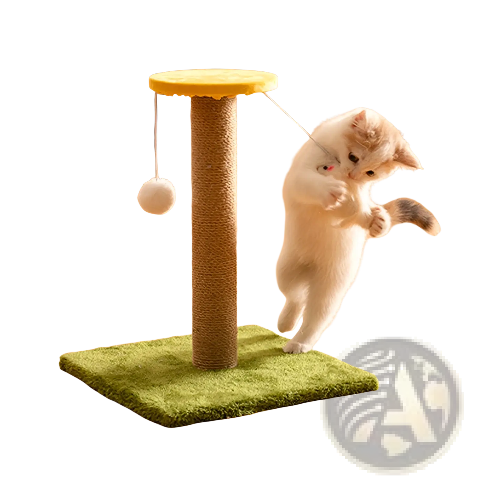 Yellow-topped cat scratcher sisal vertical durable toy post with textured brown pole green plush base and white pom-pom toy