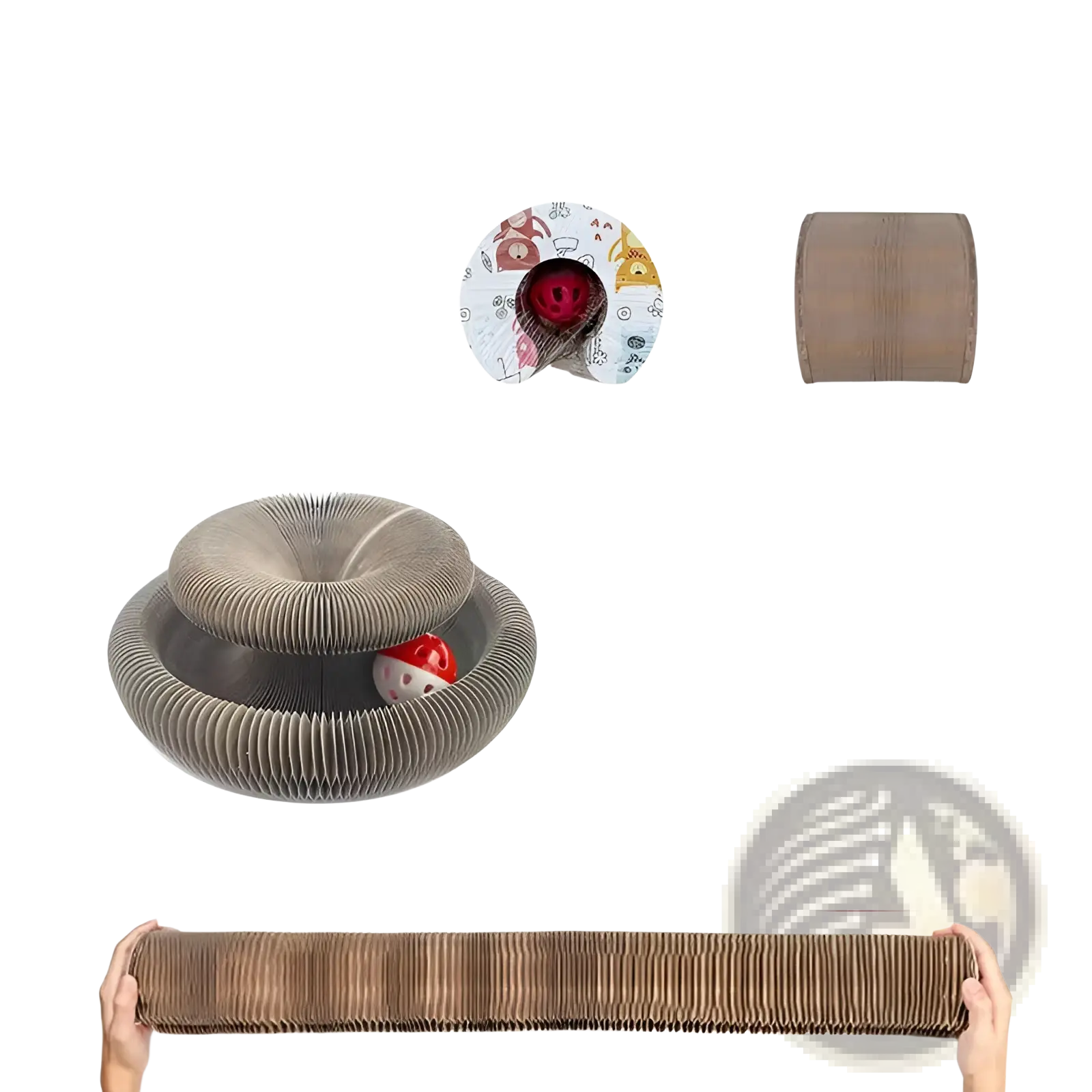 Brown corrugated cardboard cat scratching board tunnel with a playful red and white bell ball inside for cats