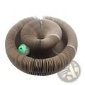 Brown corrugated cardboard cat scratching board toy with spiral design and green and white bell ball inside