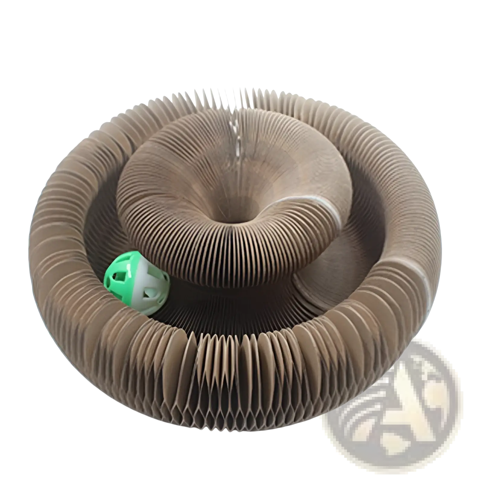 Brown corrugated cardboard cat scratching board toy with spiral design and green and white bell ball inside