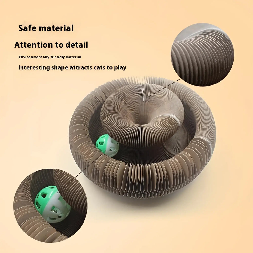 Brown spiral-shaped cat scratching board made of corrugated cardboard with a green and white bell ball inside