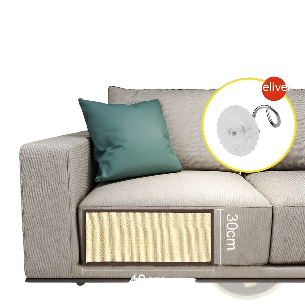 Beige fabric sofa with teal cushion featuring an integrated 30x40cm cat scratching pad sofa protector and durable mat