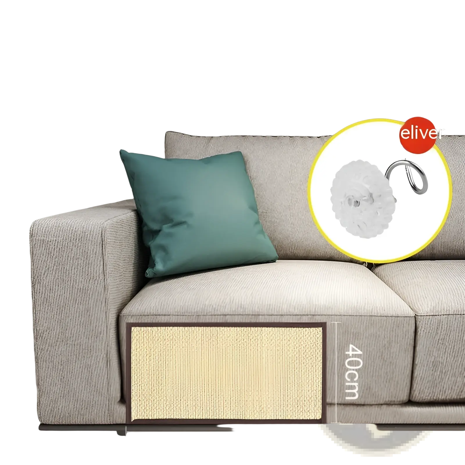 Beige textured fabric sofa with a teal cushion and attached 40x60cm cat scratching pad protector and durable mat