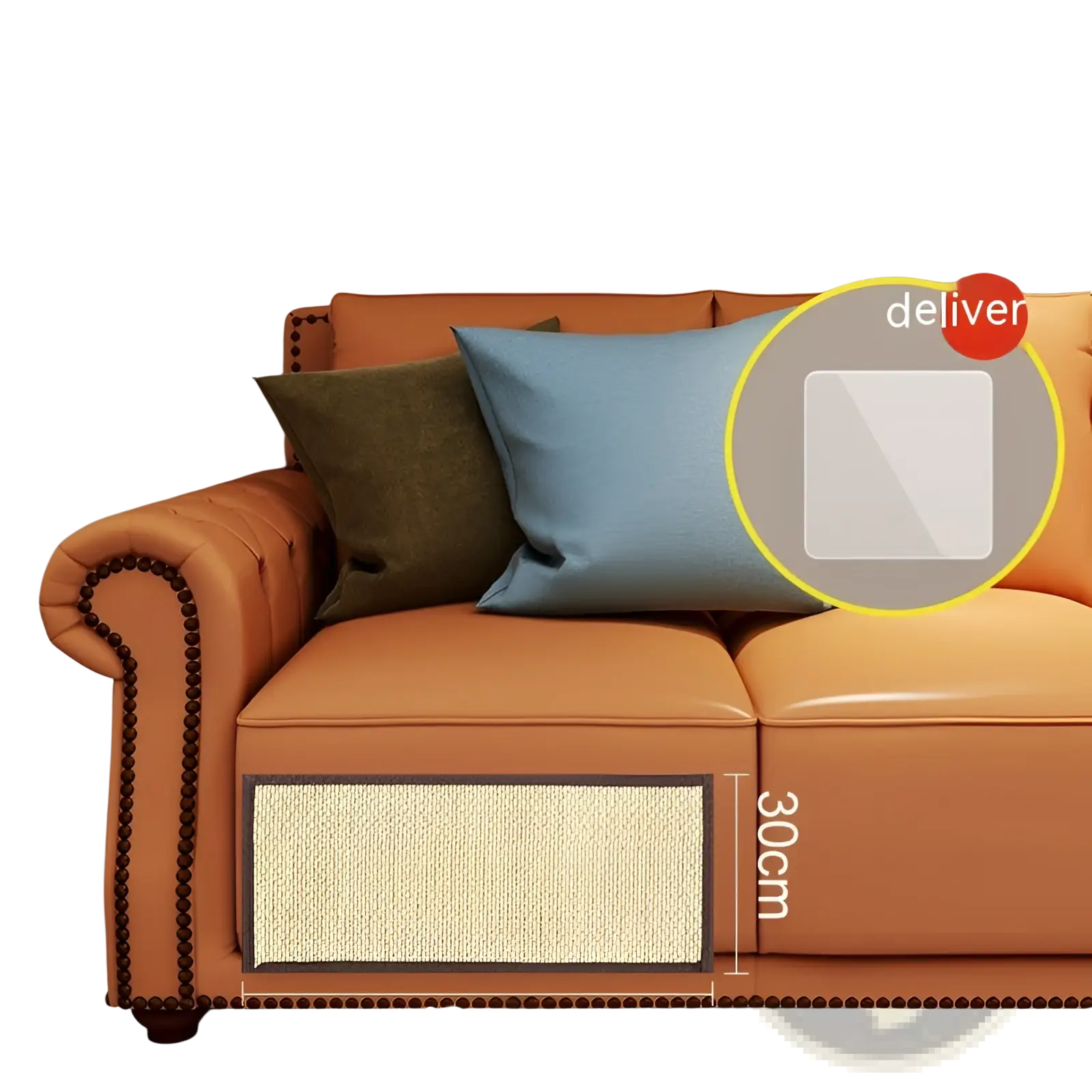 Orange leather cat scratching pad sofa protector with tufted arms and dark brown nailhead trim for durability