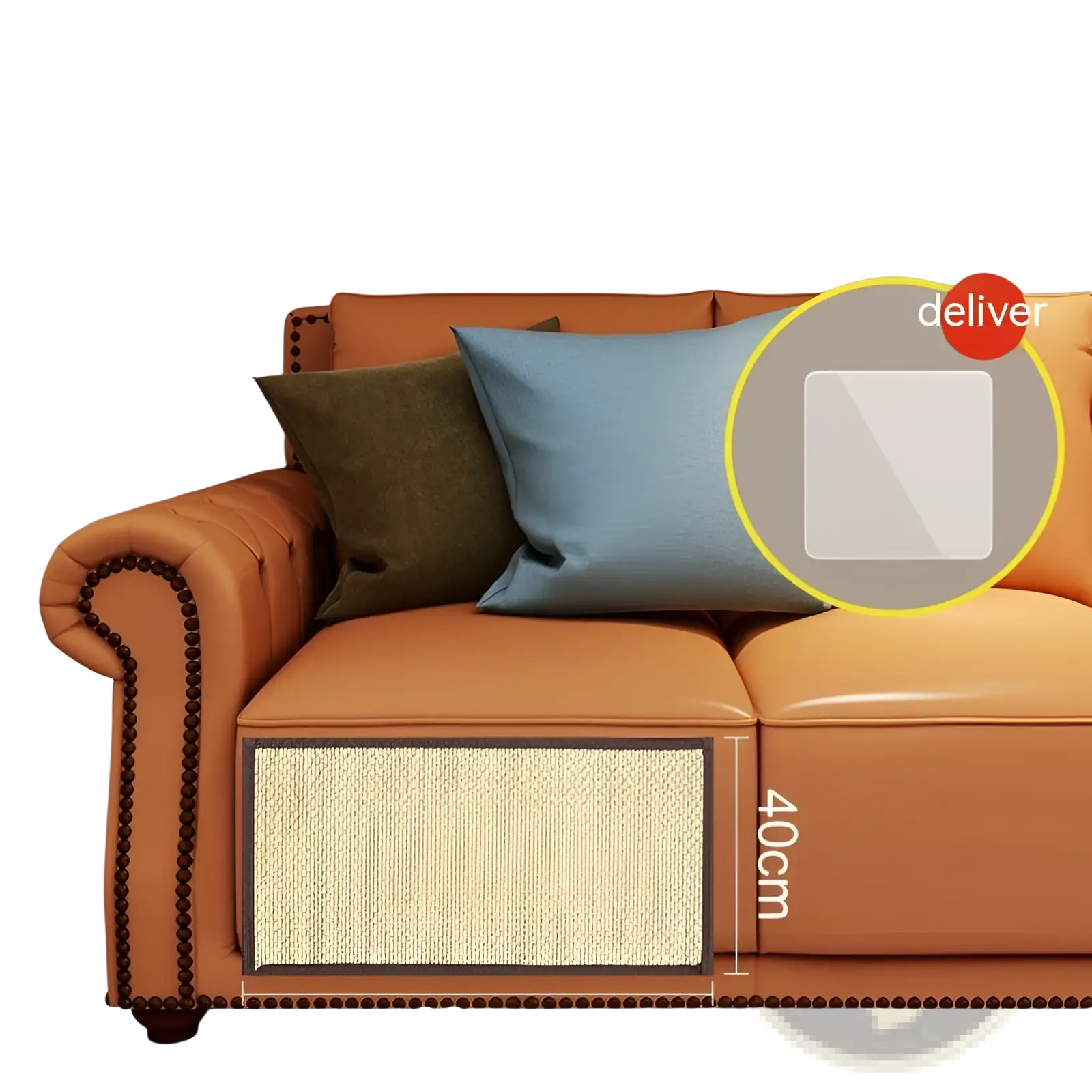 Orange leather sofa cat scratching pad with textured durable mat for protecting furniture surfaces
