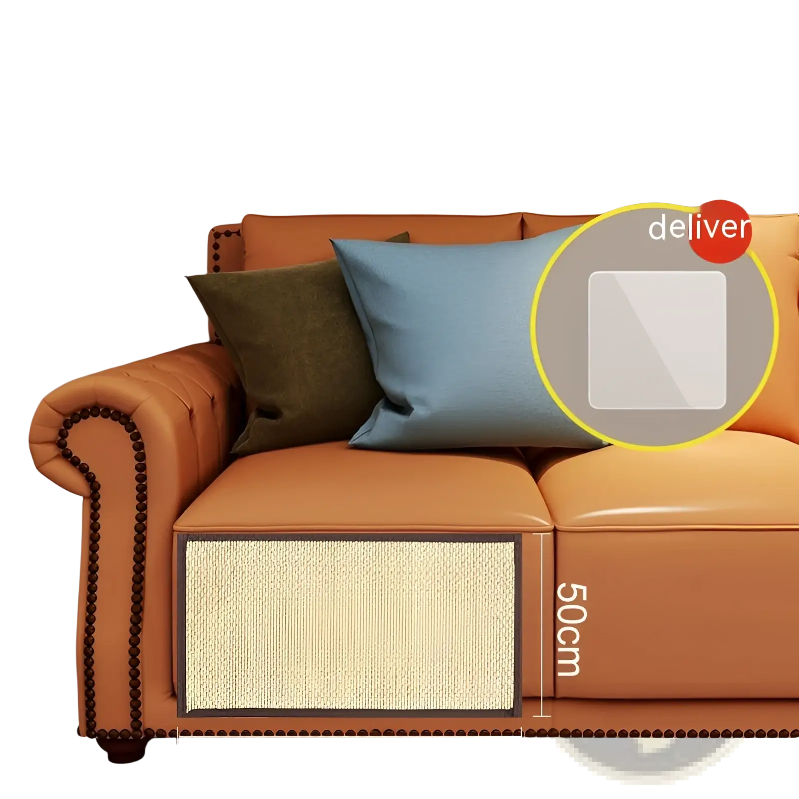 Orange leather sofa cat scratching pad with textured surface and dark brown beaded trim for durable protection