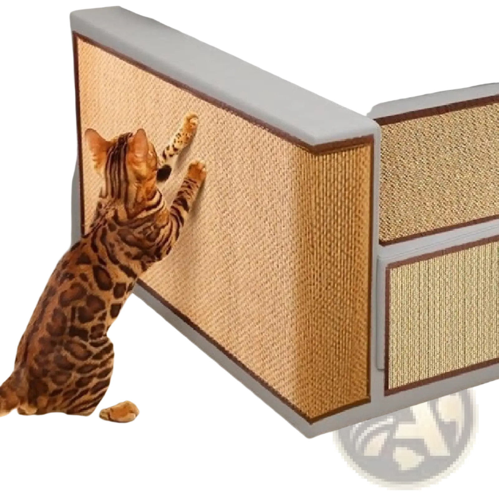 Cat scratching pad sofa protector durable beige textured mat with brown trim mounted on gray sofa side