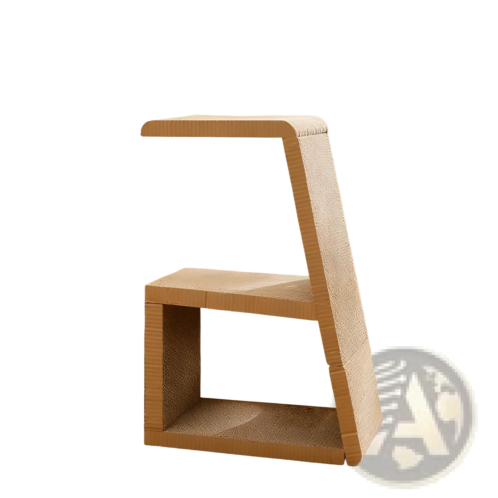 Beige cardboard cat scratching post bed with tunnel and pom-pom featuring a textured layered design and wooden frame