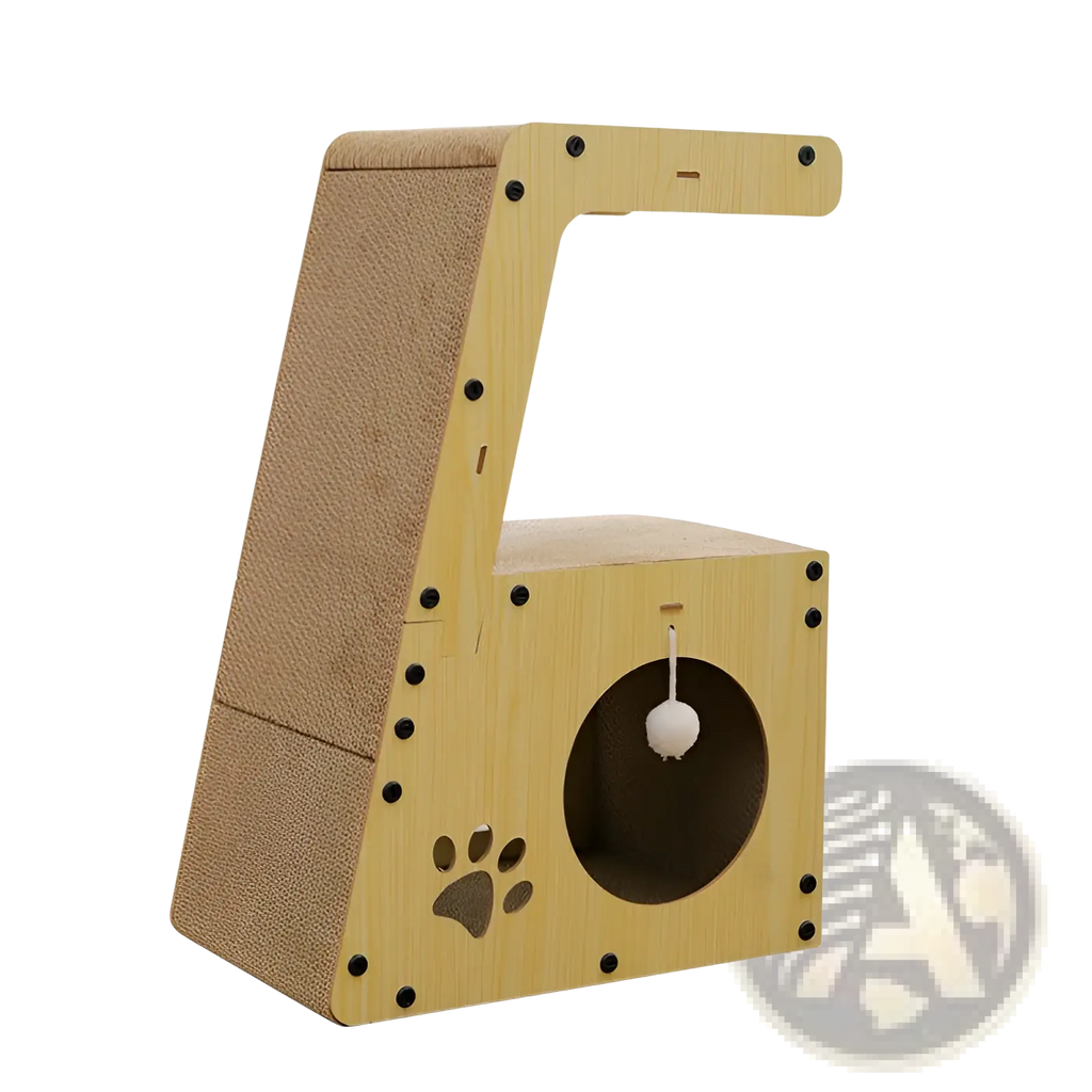 Light wood-finish cat scratching post bed with tunnel, textured brown scratch surface, paw print cutout, and hanging pom-pom toy