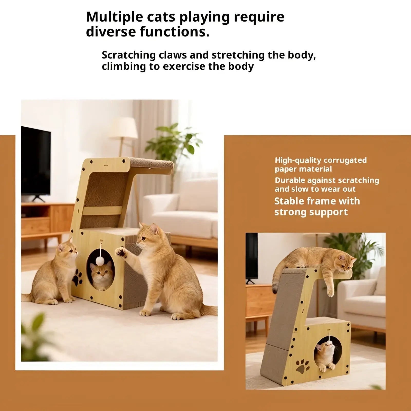 Beige cat scratching post bed with tunnel pom-pom featuring corrugated paper scratching surface and paw print cutouts