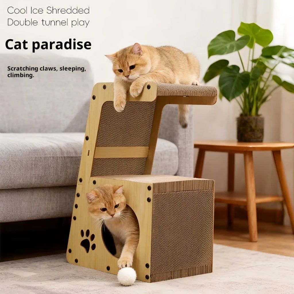 Cat scratching post bed with tunnel and pom-pom in light wood finish featuring double tunnel design and cardboard surfaces