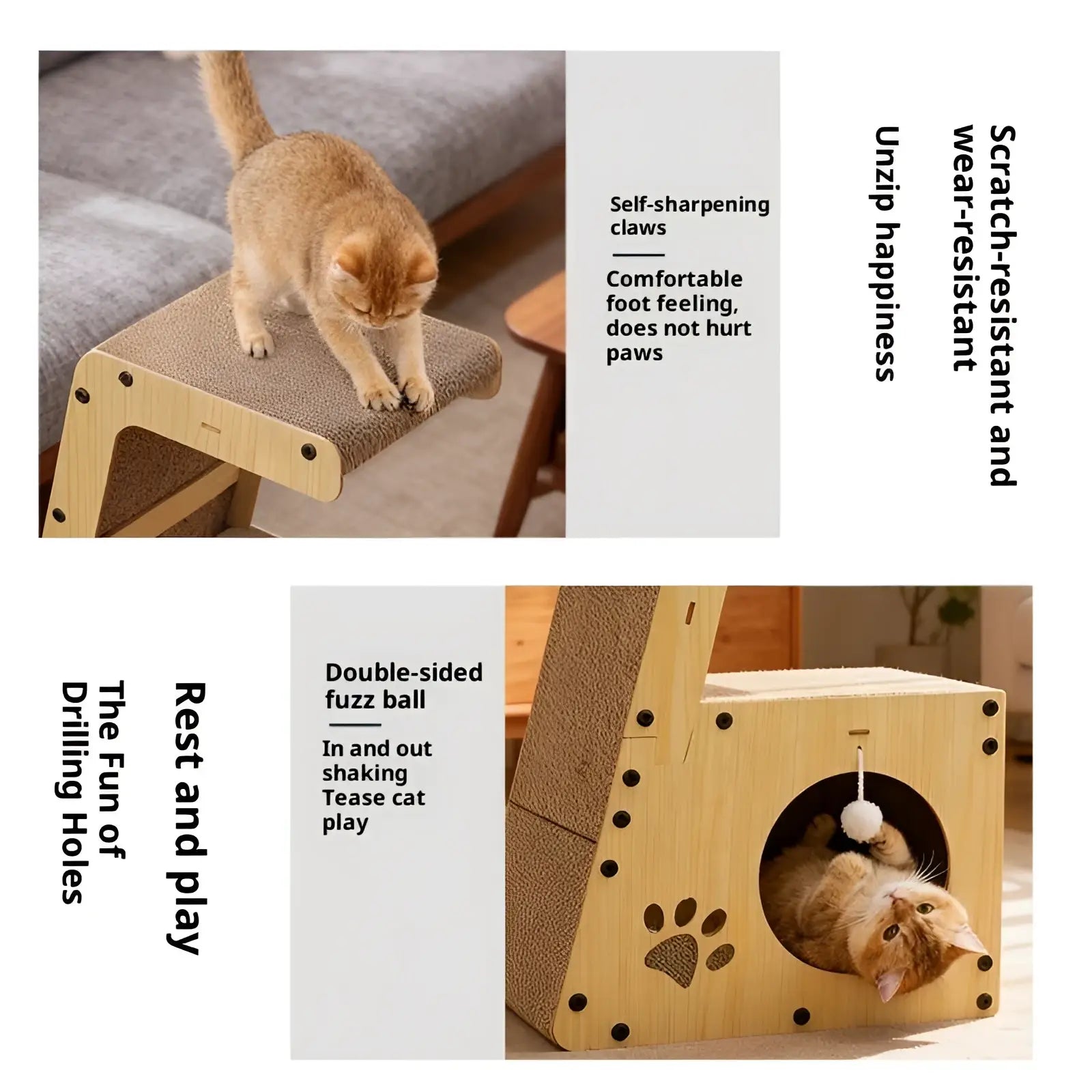 Light wood cat scratching post bed with tunnel and pom-pom featuring a textured brown scratching surface
