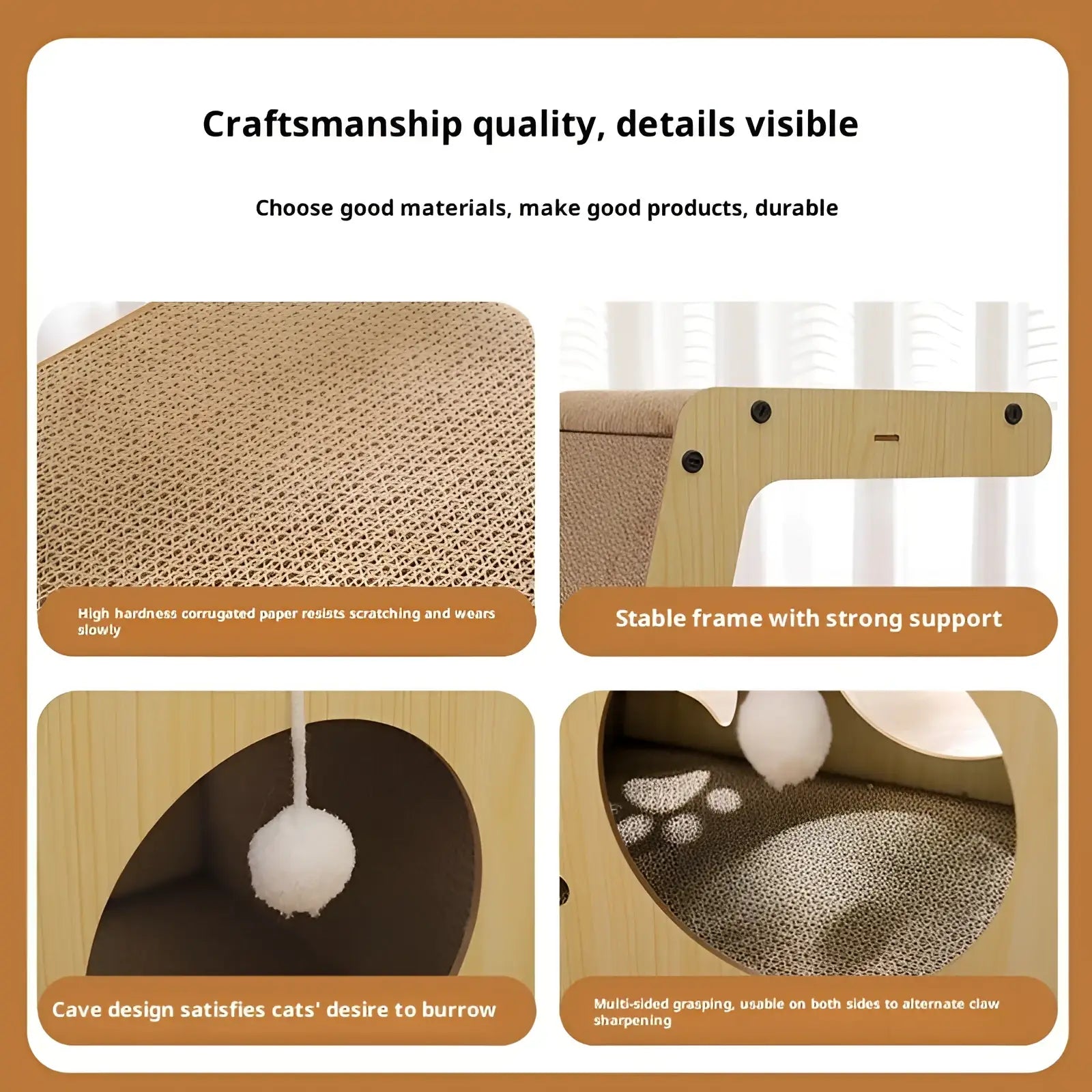 A sturdy light wood cat scratching post bed with beige corrugated paper and cozy tunnel with white pom-pom