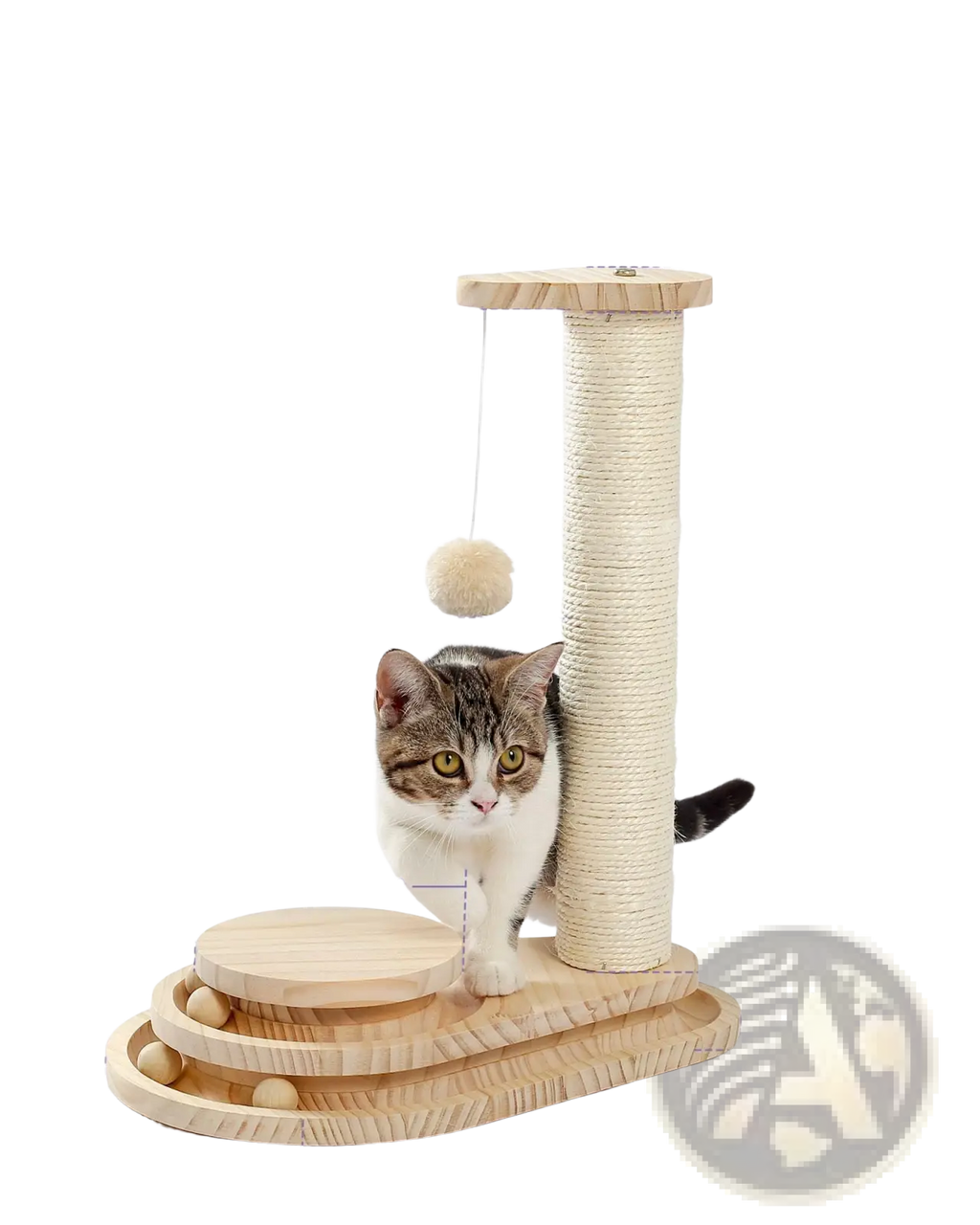 Beige and light wood cat scratching post with sisal rope multiple platforms rounded base and hanging ball toy