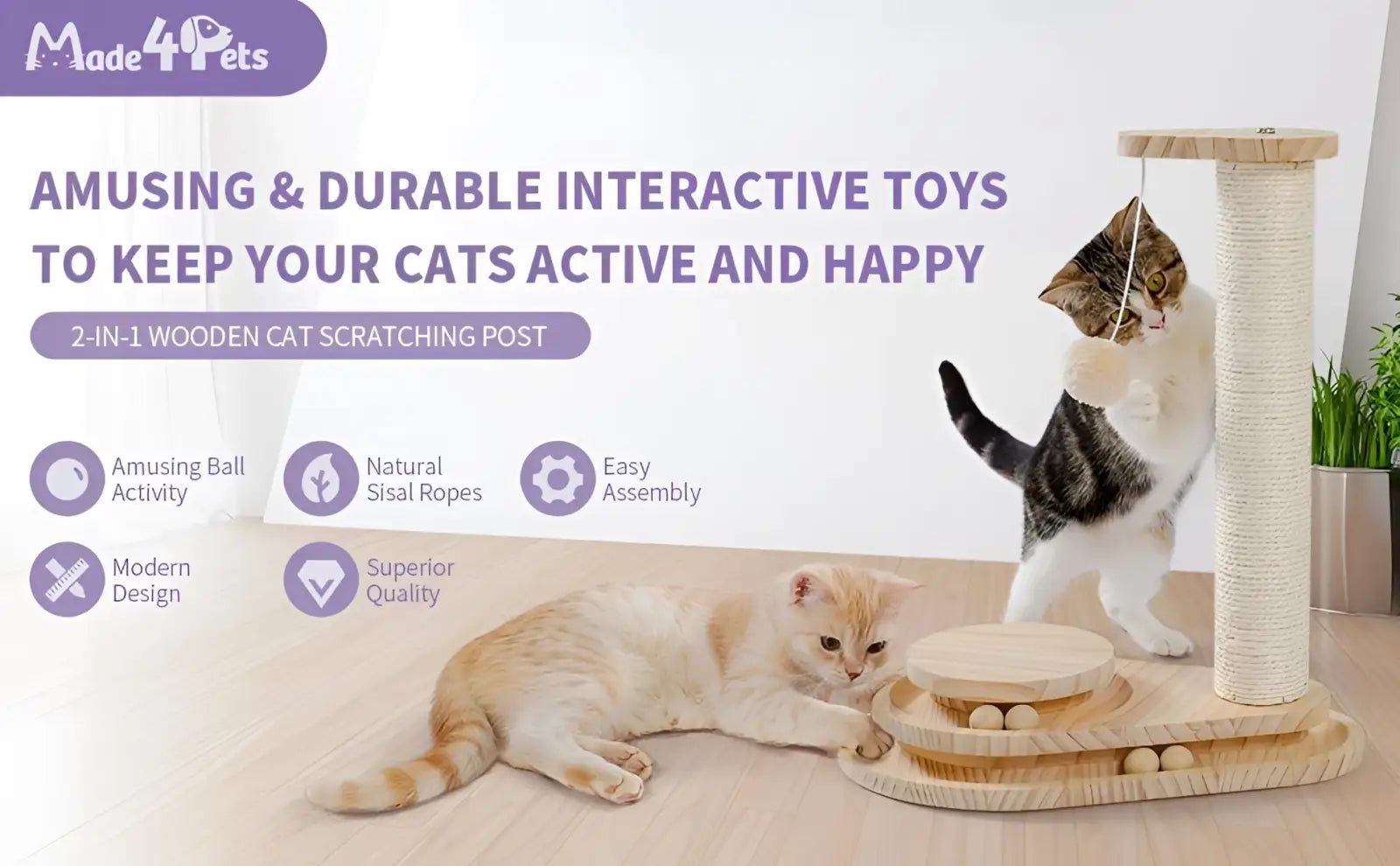 A light wood-finished 2-in-1 cat scratching post with sisal rope tower and attached interactive ball toy base