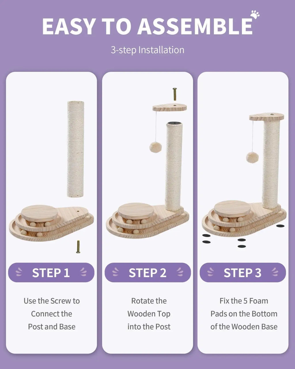 Light-colored wooden cat scratching post with sisal rope textured scratching post and circular platforms
