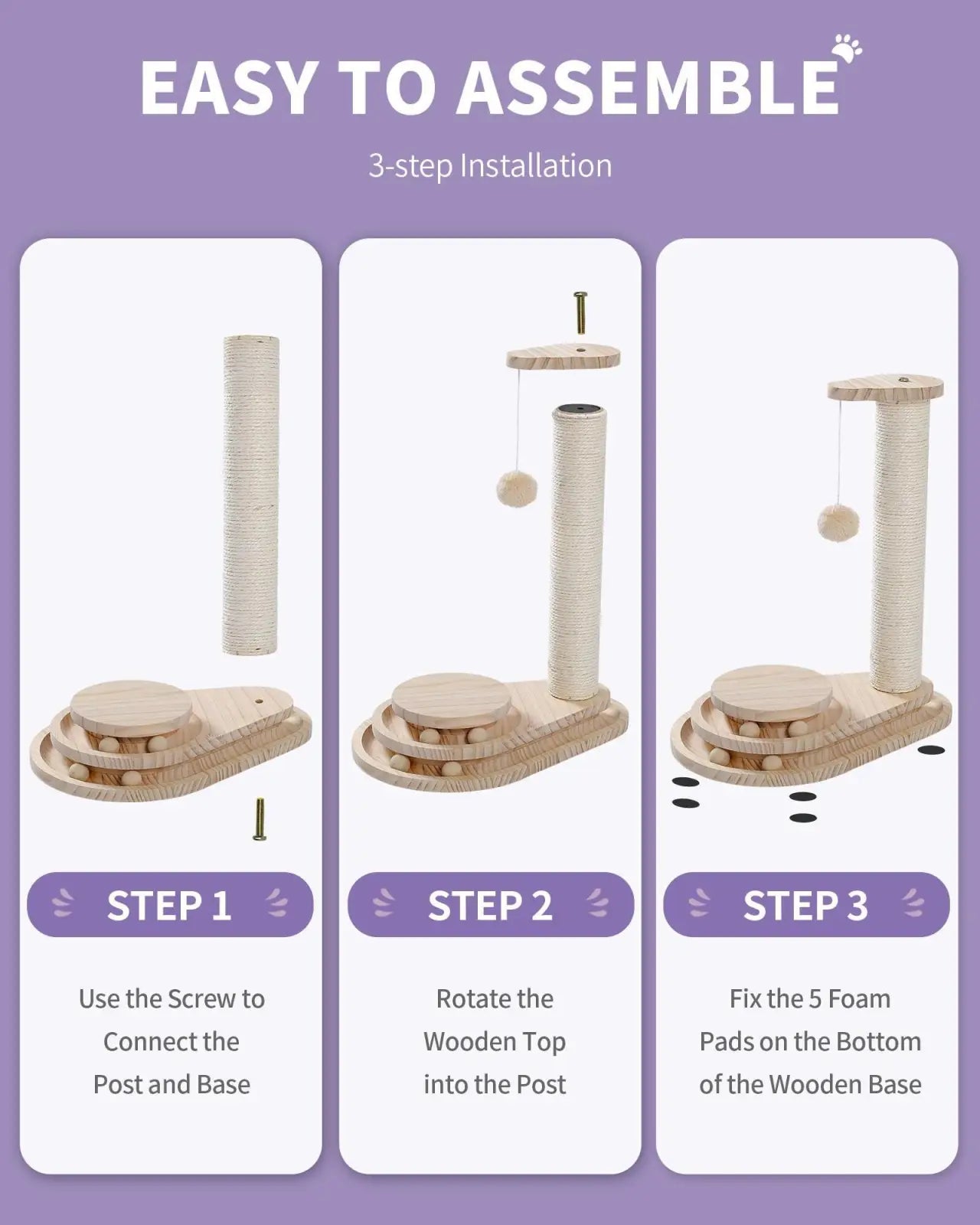 Light-colored wooden cat scratching post with sisal rope textured scratching post and circular platforms