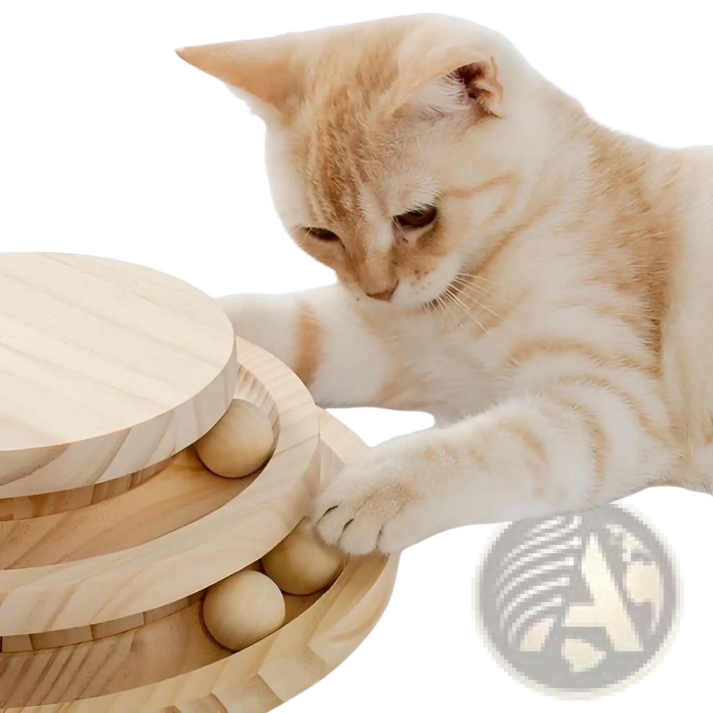 Light-colored wooden cat scratching post with sisal rope and concentric circular ball track toy