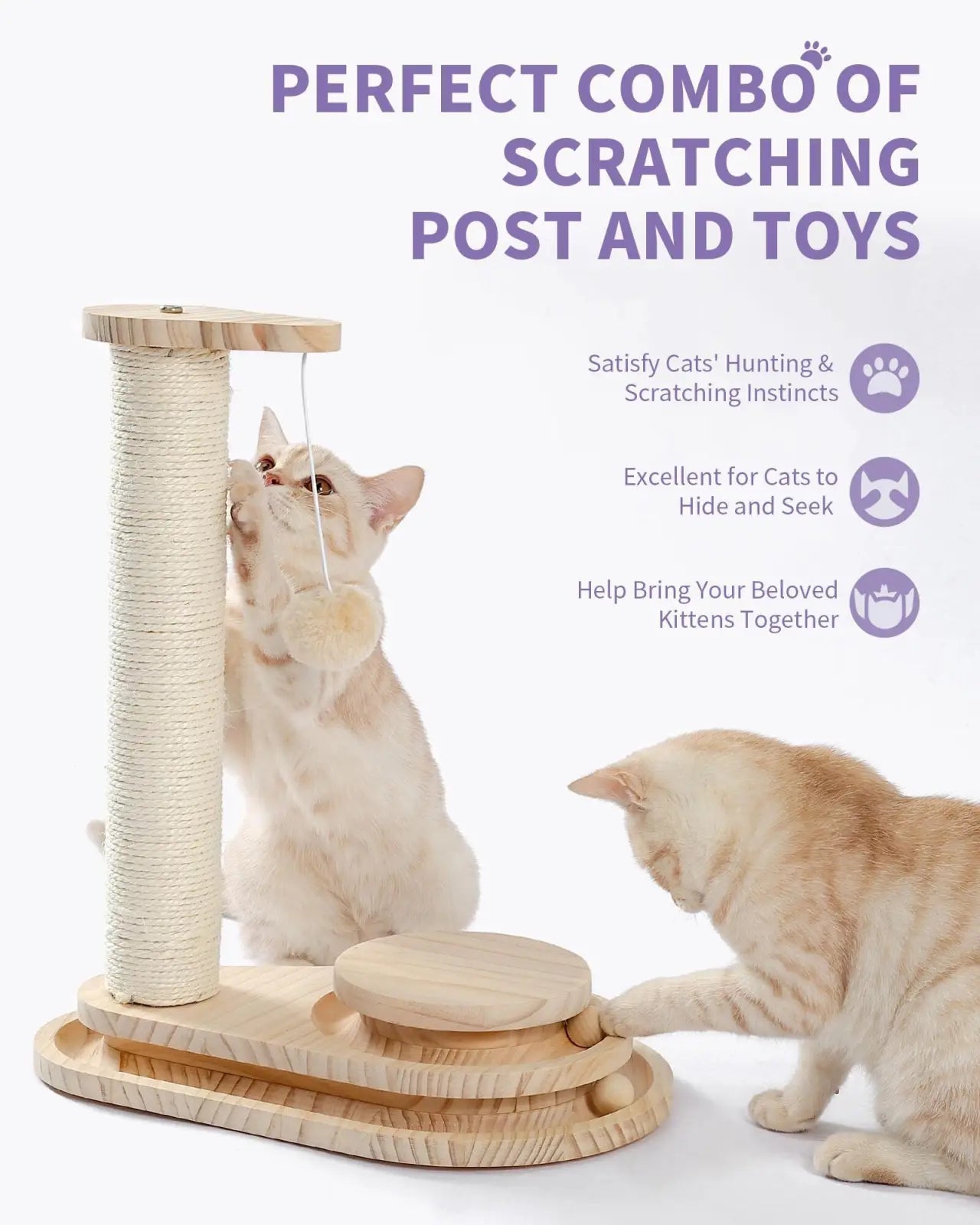 Light wood finished cat scratching post with sisal rope wrapping and matching base featuring interactive toys