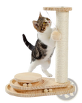 Light-colored wooden cat scratching post with sisal rope column and rounded platforms for playful scratching