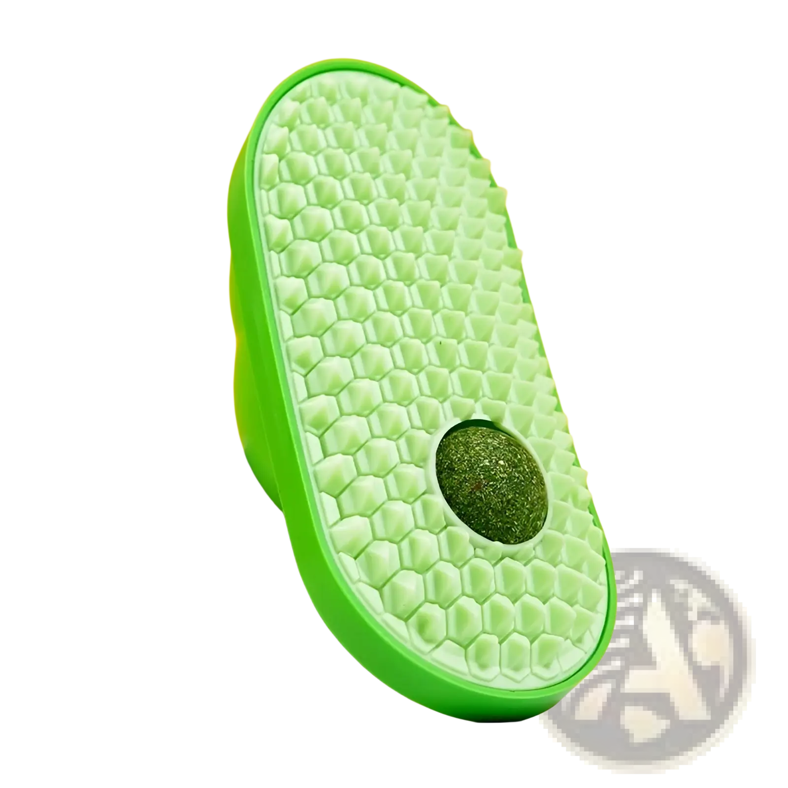 Bright green silicone cat self grooming brush with hexagonal textured surface and embedded circular massage ball